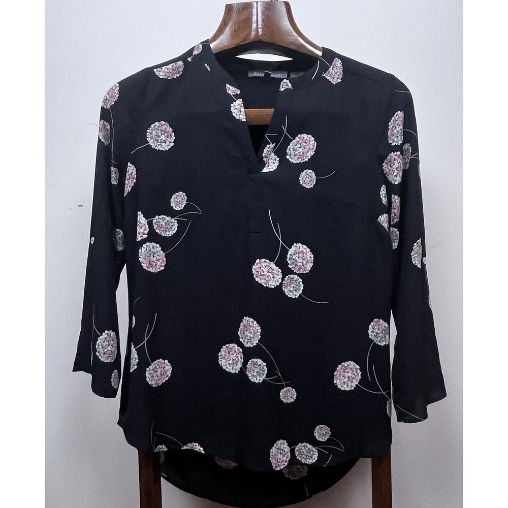 Daniel Rainn Black Floral Split Neck 3/4 Sleeve Blouse Top XS RPD14198PA